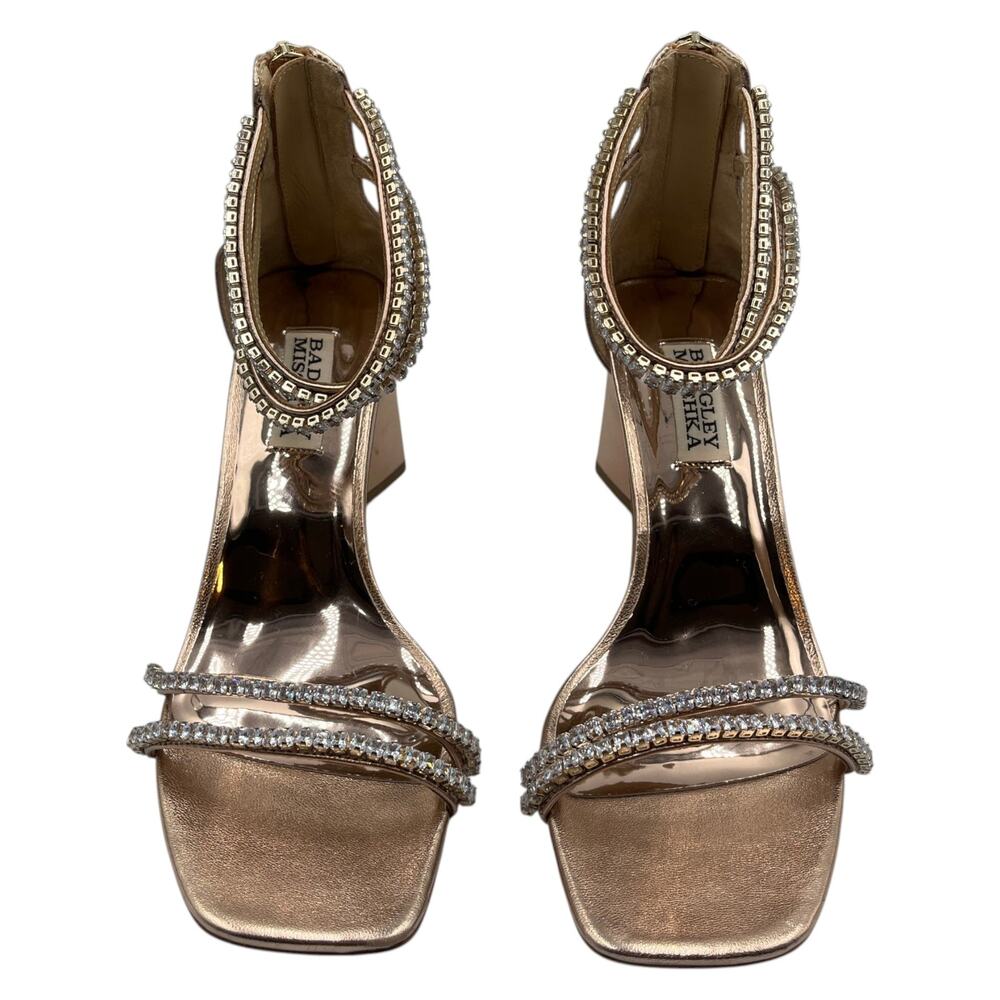 Badgley Mischka Lillie Crystal Dual Strapped Block Heels Sandals Champagne 6.5 - Picture 4 of 9
